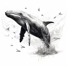 a drawing of a humpback whale jumping out of the water with birds flying around