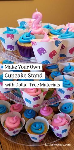 cupcake stand with dollar tree materials on it and the title overlay reads make your own cupcake stand with dollar tree materials