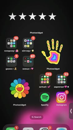 an iphone screen with icons and stars on the bottom right hand, which are all different colors