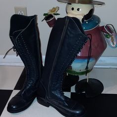 Anouk Lace Up Tall Leather Boots Made In Mexico Used Condition Worn A Couple Of Times Side Zipper Leather Sole Round Toe Boots For Shows, Black Leather Boots For Shows, Tall Leather Boots, Tall Boots, Lace Up Boots, Side Zipper, Leather Boots, Shoe Laces, A Couple