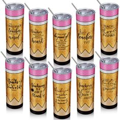 six pink and gold tumblers with the words teacher's prayer written on them