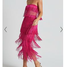 Showpo Summer Party Midi Length Skirt, Summer Party Midi Skirt, Elegant Strapless Dress With Fringe, Elegant Strapless Fringe Dress, Flirty Strapless Dress For Summer Gala, Chic Summer Skirt For Prom, Glamorous Midi Skirt For Spring, Flirty Strapless Dress For Spring Gala, Summer Fringe Prom Dress