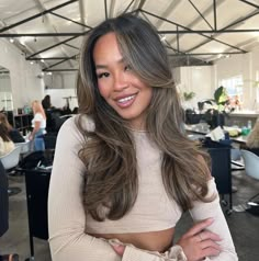 Brunette Brown Balayage Hair, Hair Colors On Asians, Balayage Hair Brunette Asian, Black Asian Hair With Highlights, Light Ashy Brown Hair Balayage, Cool Toned Highlights On Brown Hair, Taupe Brunette Hair, Honey Blonde On Dark Hair, Dark Brown And Blonde Balayage