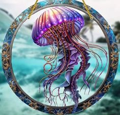 a purple jellyfish hanging from a circular frame