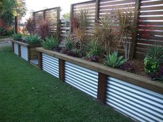 an outdoor garden with various plants and flowers in the planter boxes on the fence