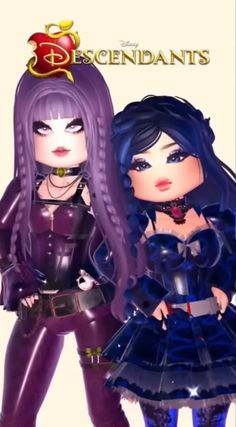 two dolls are dressed up in black and purple