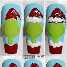 Grinch Manicure Ideas, Christmas Nails Hand Painted, Max Grinch Dog Nails, Grinch Face Nails, Grinch Nail Art Step By Step, Grinch Nail Tutorial, Grinch Christmas Nail Designs, The Grinch Nails Acrylic, Easy Grinch Nails