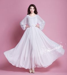 Chiffon White Autumn Long Sleeve Party Big Hem Dress Evening Wedding Maternity Lightweight Holiay Beach Bridesmaid Maxi Skirt Detail Info: ❤ Color: White More color choice link: https://www.etsy.com/listing/213656440/chiffon-dress-color-card?ref=shop_home_feat_1 Please just note the color you want with order, we will make according to your note. ❤ Material: Chiffon ❤ The dress doesn't limit the chest size and waitst size, arm hole 45cm (if your upper arm circle circumference is more than 40cm, p Summer Wedding Chiffon Dress With Long Sleeves, Summer Wedding Long Sleeve Chiffon Dress, Elegant Pink Flowy Chiffon Dress, White Chiffon Long Sleeve Maxi Dress, White Long Sleeve Chiffon Maxi Dress, White Long Sleeve Flowy Chiffon Dress, White Flowy Long Sleeve Chiffon Dress, Flowy Chiffon Dress For Wedding, White Flowy Maxi Length Chiffon Dress