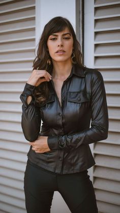 Fall Long Sleeve Leather Shirt, Leather Long Sleeve Shirt For Fall, Fitted Long Sleeve Leather Top, Fitted Leather Long Sleeve Tops, Trendy Long Sleeve Leather Top, Trendy Leather Long Sleeve Tops, Casual Leather Shirt For Fall, Fitted Leather Button-up Top, Fitted Leather Top Casual Style