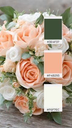 a bouquet with roses and greenery is shown in shades of peach, white and green