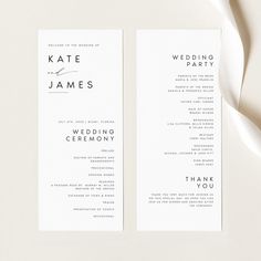 two white wedding program cards on top of each other with the wording in black