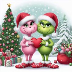 two cartoon characters are standing in front of a christmas tree