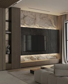 modern living room with stone wall and tv