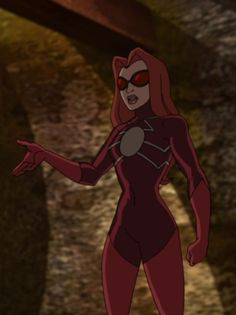 an animated image of a woman with red hair and glasses on, standing in front of a cave