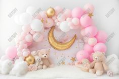 balloons and teddy bears are arranged in front of a backdrop with the moon, stars and clouds