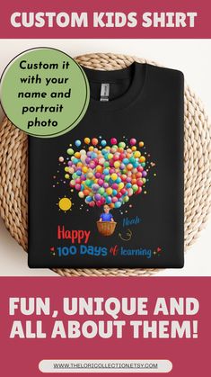 Looking for the perfect 100 days of school shirt? This adorable hot air balloon shirt can be customized with your child’s name and photo for a truly unique 100th day of school celebration. Fun, vibrant, and a wonderful keepsake for school milestones, this personalized kids shirt is the ultimate 100th day outfit. Give your little one a standout look and order this must-have tee today!