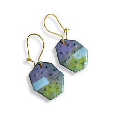 Imagine wearing these green, purple, and lavender enamel earrings with just about anything. They have a fun bumpy texture.  These lightweight, unusual earrings come with high quality hand formed brass ear wires that clasp so you never have to worry about losing them. These lightweight, unusual earrings come with high quality hand formed brass ear wires that clasp so you never have to worry about losing them. What is enamel?   Enamel is made by fusing multiple layers of glass to a prepared metal Enameling Jewelry, Jewellery Art, Casual Earrings, Boho Jewellery, Beachglass Jewelry, Unusual Earrings, Copper Sheets, Earrings Unique, Enamel Earrings