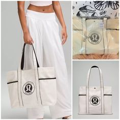 Nwt Lululemon Daily Multi-Pocket Canvas Tote Bag 20 L Natural Black Shoulder White Bags With Functional Pockets For Everyday Use, Sporty White Bag With Pockets, Holiday Tote Bag, Lululemon Bags, Gym Tote, Diaper Bag Tote, Red Tote, Small Tote Bag, Eco Bag