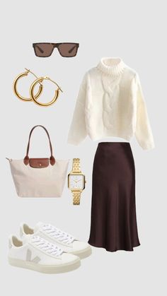 Style Satin Skirt, Knit Skirt Outfit, Fall Business Casual Outfits, Business Casual Skirt, Skirt Ootd, Outfit Beige, A Line Midi Skirt, Modest Casual Outfits, Silk Clothing