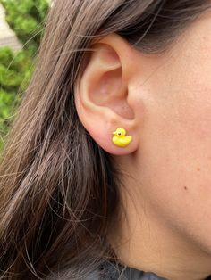 Metal-Free Little Yellow Duck Stud Earrings on Plastic Post, Hypoallergenic for sensitive ears, For Aduts or Kids, Gift Ideas For Her This listing is for a pair of yellow duck earrings. These cute little yellow duck Stud earrings are handmade with resin and they have a hypoallergenic plastic post for your sensitive ears.   These very cute stud earrings are suitable for anyone as they contain NO METAL.  Perfect for kids -Kids love them!  Adults love them too.  :)    Cute summer earrings.  Color : Nickel Free Novelty Earrings For Everyday Wear, Novelty Hypoallergenic Drop Earrings, Novelty Hypoallergenic Earrings For Everyday, Hypoallergenic Novelty Earrings For Everyday, Cute Hypoallergenic Everyday Jewelry, Cute Everyday Hypoallergenic Jewelry, Playful Yellow Hypoallergenic Earrings, Playful Round Hypoallergenic Earrings, Playful Hypoallergenic Yellow Earrings