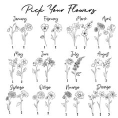 flowers that are labeled with the names of each flower and their corresponding parts in black ink