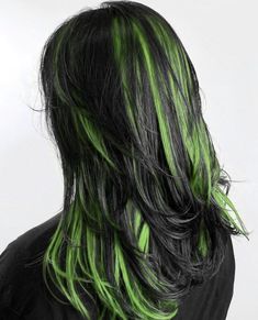 Green And Black Chunky Highlights, Green Hair Brown Roots, Purple Hair With Green Highlights, Green Striped Hair, Like Green Hair, Neon Green Hair Streaks, Black Hair Green Highlights, Black And Neon Green Hair, Black Hair With Green Streaks