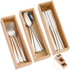 three wooden boxes with silverware in them