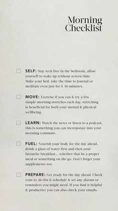 Daglig Motivation, Morning Checklist, Self Care Bullet Journal, Vie Motivation, Get My Life Together, Positive Self Affirmations, Mental And Emotional Health, Self Care Activities, Self Motivation