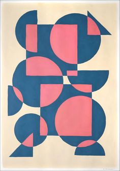 an abstract painting with pink and blue shapes