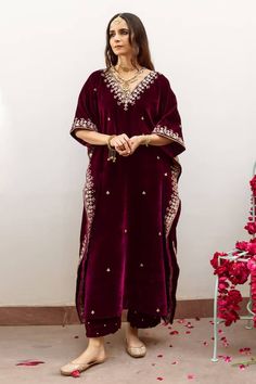 Purple velvet silk kaftan with zardosi, marodi and gota patti hand embroidery. Comes with moti and cutdana work pant. - Aza Fashions Elegant Kaftan With Dupatta For Festivals, Festive Kaftan With Dabka For Festivals, Elegant Kaftan With Dabka For Diwali, Dabka Embellished Kaftan For Wedding Festivals, Wedding Kaftan With Dabka On Straight Kurta, Wedding Dabka Kaftan Straight Kurta, Elegant Diwali Kaftan With Dabka Detailing, Wedding Kaftan With Dabka For Navratri, Festive Semi-stitched Dabka Kaftan