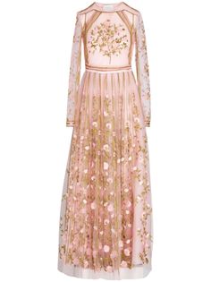 pink/gold/white tulle overlay floral embroidery crew neck side zip fastening long sleeves fitted waistline full skirt floor-length Giambattista Valli Dress, Embroidered Tulle Dress, Embroidered Tulle, White Tulle, Giambattista Valli, Tulle Dress, Full Skirt, Clothing For Women, Pink Gold