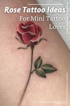 a rose tattoo on the back of a woman's thigh with text overlay