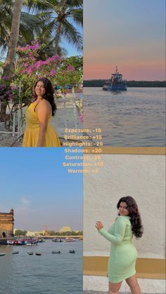 the collage shows four different photos of women in yellow dresses and palm trees, with boats on the water