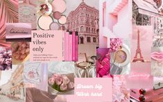 a collage of pink and white images with the words, positive vibes only