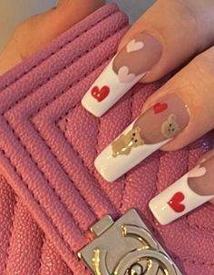 Cute Winter Nails, Acrylic Nails Square, Acrylic Nails Long, Nails Long Square, Coquette Nails, Popular Nail Art, Bears Nails, Colored Acrylic, Colored Acrylic Nails