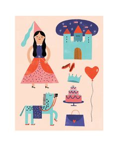 an illustration of a girl in a princess dress with her dog and cake on the table