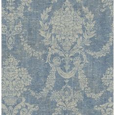 a blue and white wallpaper with an ornate design on the front, in shades of grey