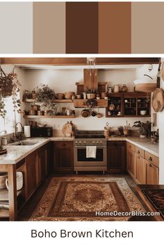 Boho Brown Kitchen: Wood Cabinets & Greenery Boho Kitchen Dark Wood Cabinets, Kitchen With Brown Wood Cabinets, Brown Tones Kitchen, Light Brown Kitchen Walls, Brown And Tan Kitchen, Brown Kitchen Walls, Brown Kitchen Aesthetic, Kitchen Dark Wood Cabinets, Bohemian Kitchen Ideas