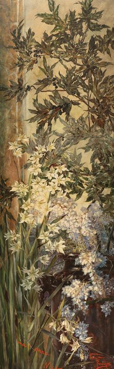 an oil painting of white flowers and green leaves on a brown background with water in the foreground