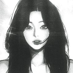 a black and white drawing of a woman's face, with long dark hair