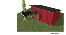 a woman standing next to a red shed with a black and white dog in it