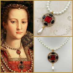 This necklace is a replica of one seen in a 16th century portriat of Eleanor of Toledo Eleanor was was a Spanish noblewoman and Duchess of Florence during the 16th century. The necklace she wears in the portrait is rather simple, especially compared to jewelry worn at the English Tudor court durning this same period, but is a perfect example of Florentine fashion of the time. This necklace will be handcrafted just for you. Please allow 3-5 business days to ship  I've constructed this replica using a beautifully detailed round brass filigree that measures 35mm. The filigree has been polished and treated with Renaissance wax to combat oxidation. In the center is a large (15mm)ruby red acrylic cabochon set in a brass bezel setting. Surrounding this center stone are 4 jet black acrylic navette 16th Century Jewelry, 16th Century Portraits, Maximalist Jewelry, Tudor Court, Royal Tiaras, Brass Filigree, English Tudor, Italian Jewelry, Black Acrylic