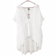 Vince Camuto Beach Cover Up. One Size Fits Most. New With Tags. Sheer White With Flowy Polka Dot Bottom. Ties In Front With Tasseled Rope Closure. White V-neck Beach Cover-up, White Open Front Swimwear Beach Cover-up, White Cotton Kimono For Beach Cover-up, White Lace Trim Beach Cover-up, White One Size Kimono For Beach Cover-up, Gauze Tunic, Scarf Coverup, Sheer Cover Up, Safari Green