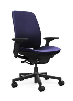 an office chair with black frame and purple upholstered seat, viewed from the front