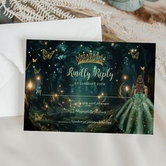 a fairy tale themed wedding card with a princess in green dress and lights on it