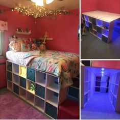 there are three pictures of a bedroom with pink walls and blue lights on the ceiling