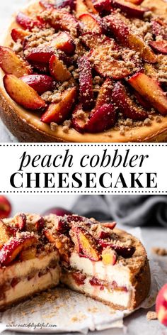 this peach cobbler cheesecake is made with fresh peaches and topped with crumbs