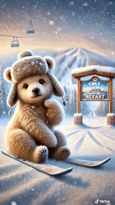 a teddy bear sitting on top of a snow covered ski slope next to a sign