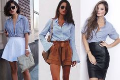 Camisa listrada azul é tendência e te deixará chique em instantes | CLAUDIA Outfit Style, Waist Skirt, Harem Pants, High Waisted Skirt, Short Dresses, Women's Fashion, High Waisted, Womens Shorts, Skirt