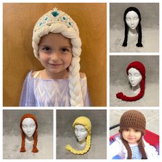 Are you looking for the perfect birthday gift for a child with a big imagination? Do you have a little one that loves to play dress up? Are you looking for the perfect compliment to a Halloween costume? Are your children's theatre wigs too itchy? Look no further! These cozy and comfortable yarn wig hats are the perfect fit! No need for a wig cap, just pop this hat on & your little one will be warm, cozy and totally comfortable in their favorite costume wig.  This listing is for a yarn wig only. Outfits, accessories & embellishments are not included.  The following sizes are available: 6-12 Months Infant - 15"/16" diameter (fits 16" to 18" head) Toddler - 17"/18" diameter  (fits 18" to 19.5" head) Child - 18"/19" diameter  (fits 19.5 " to 21" head) If additional sizes are needed, please rea Elsa Yarn Wig, Kid Wigs, Yarn Wigs For Kids, Beanie Braids, Halloween Costume Crochet, Christmas Gift Costume, Brown Red Hair, Costume Crochet, Braids Blonde